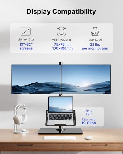 HUANUO Dual Monitor Stand with Laptop Desk Mount, Freestanding Glass Base | Fits 13-32 Inch Screens, Up to 17 Inch Laptop, 22 lbs/Monitor Arm, 19.8 lbs/Tray Arm, 2 Setup Options, VESA 75x75/100x100mm