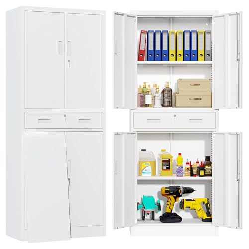 BESFUR Metal Storage Cabinet with 1 Drawer and Adjustable Shelves, 71" H Reinforced Heavy Duty Locking Storage Cabinet for Office, Garage, Home, School, Utility(White) - color: White, size: 71"H x 28"W x 16"D