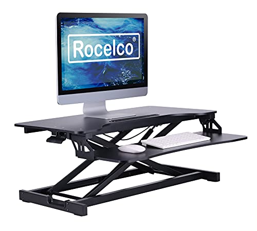 Rocelco Standing Desk Converter 31.5 Inch Sit Stand Up Dual Monitor Tabletop Riser with Tablet Mount, Height Adjustable Home Office Workstation - Deep Keyboard Tray for Laptop Mouse - Black (R VADRB) - color: Black, size: 31.5", style: Riser Only