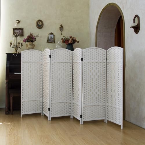 Compact 6 Panel Short Room Divider, 47.2 Inch Tall Double-Sided Rattan Folding Privacy Screen for Home & Office,White - color: White, size: 6 Panel