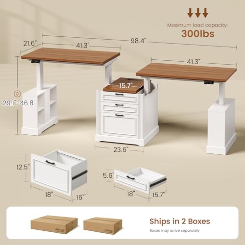 SEDETA 98.4'' Standing Two Person Desk with 3 Drawers, Storage Cabinet | Farmhouse Long Computer Desk, Electric Height Adjustable 2 Person Desk with Power Outlets for Home Office, White+Brown - color: White+brown, size: 98.4 inches