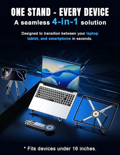 4-in-1 Foldable Laptop Stand & Magnetic Phone Holder, Silver Aerospace Aluminum Portable Desk Mount with N52 MagSafe Compatible Tripod Handle for MacBook Pro, iPad, Travel & Vlogging - color: Silver