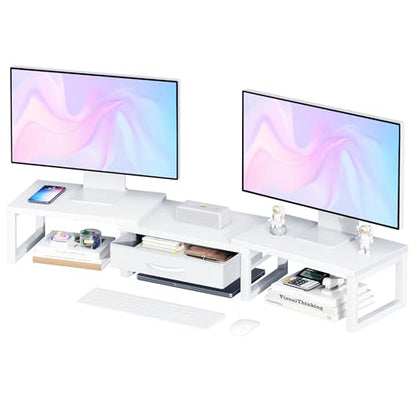 Dual Monitor Stand Riser, Desk Organizers and Accessories with Drawer, Computer Monitor Stands for Desk, Adjustable Desktop Shelf for PC Laptop Printer TV, White