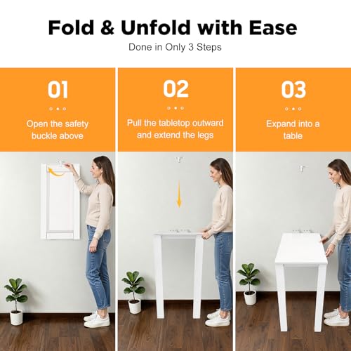 Wall Mounted Folding Table, Wooden Folding Laundry Table with Legs Wall Foldable Workbench for Dining Room Office Small Space 29.5" L x 15.7" W x 29.1" H (White) - color: White