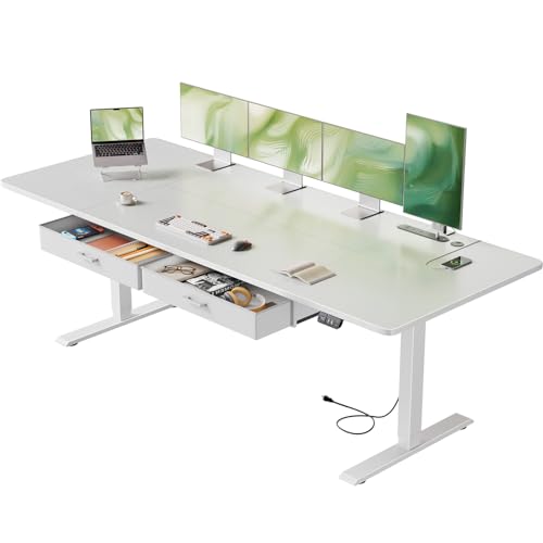 HLDIRECT 79" Electric Standing Desk with Power Outlets & 2 Drawers, White - color: White, size: 79 inch