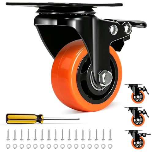 QNCZ 3 Inch Heavy Duty Caster Wheel with Dual Brake,Silent,Orange,Set of 4 | Easy to Install, Efficient operation, convenient braking,Silent, Floor friendly,Widely Applied for Cart,Furniture,Workbench - color: Orange, size: 3 IN