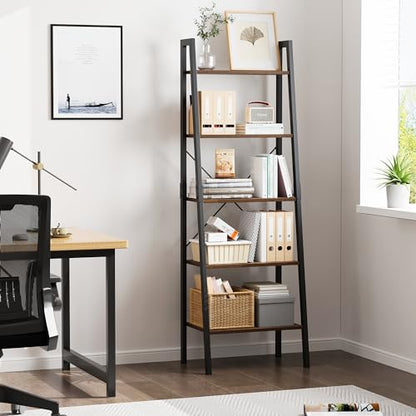 FINETONES 5-Tier Ladder Shelf, Ladder Bookshelf Bookcase with Metal Frame, Plant Rack Display Shelf Accent Furniture for Home Office, Black/Rustic Brown