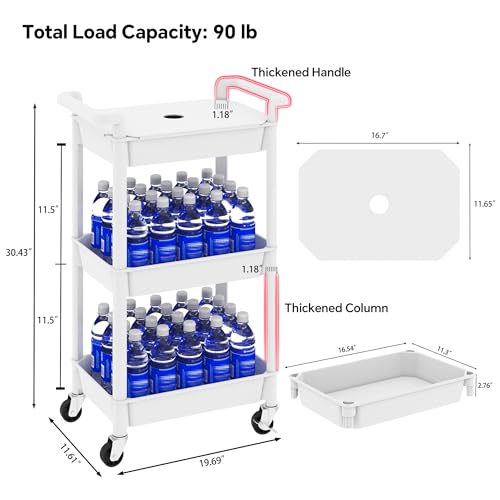 MIOCASA Utility Rolling Cart with Cover Top Board, 3-Tier Kitchen Storage Organization, Art Cart with Wheels for Office, Classroom, Living Room, Kitchen, Bathroom, White, Plastic - size: 3-Tier, style: White
