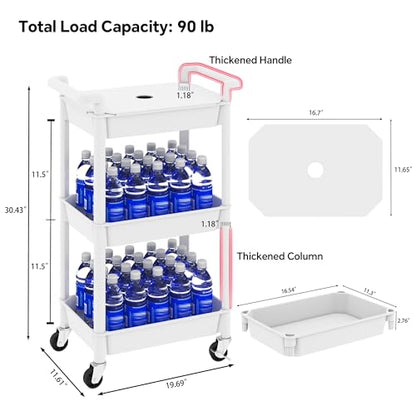 MIOCASA Utility Rolling Cart with Cover Top Board, 3-Tier Kitchen Storage Organization, Art Cart with Wheels for Office, Classroom, Living Room, Kitchen, Bathroom, White, Plastic - size: 3-Tier, style: White