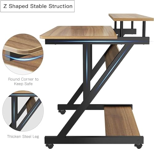Dripex Computer Desk for Small Spaces, Z Shaped Small Computer Desk, 27.5 inch Compact Desk with Monitor Shelf and Bottom Storage Shelves, Space Saving Desk, Walnut - color: Walnut