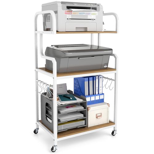 GIANTEX 3-Tier Rolling Printer Stand with Storage Shelves, 10 Hooks & Locking Wheels, 24"x16"x43.5" Heavy-Duty Tall Printer Table for Shredder Scanner Fax, Home Office Storage Organization (Natural) - color: Natural, size: 24"x16"x43.5"