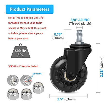 Hirate 2 inch Office Chair Casters Wheel with 3/8"-16UNC Threaded Stem | Set of 5 with Nylon Nuts, Heavy Duty, Desk Gaming Chair Caster Replacement, Smooth & Quiet Rolling for Hardwood Floors - size: 2 inch