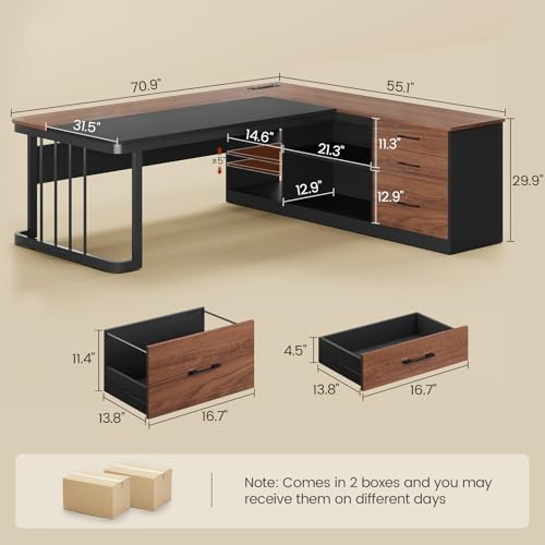 UPOSOJA 71" Executive Desk, Large Office Desk with Drawers & Storage Shelves, Modern L Shaped Computer Desk Corner Desk with Power Outlets, File Cabinet, Business Furniture Desk Workstation (Walnut) - color: Walnut, size: 71"