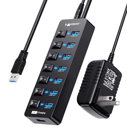 Powered USB Hub 3.0,VEMONT 7 Ports Multi USB hubs and 1 USB Smart Charging Port with 5V/3A Power Supply,USB Extension Splitter with Individual On/Off Switches and 4ft/1.2m Long Cable for PC/Laptop