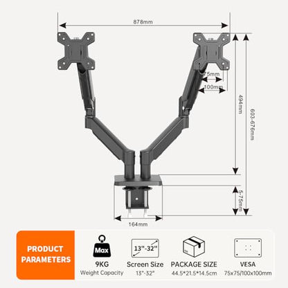Heavy Duty Dual Monitor Arm Desk Mount Gas Spring for 13-32 Inch Screens | Full Motion Dual Monitor Stand, VESA 75x75/100x100, 4.4-19.8 lbs Capacity Per Arm, C-Clamp and Grommet Mount - size: Dual Arm