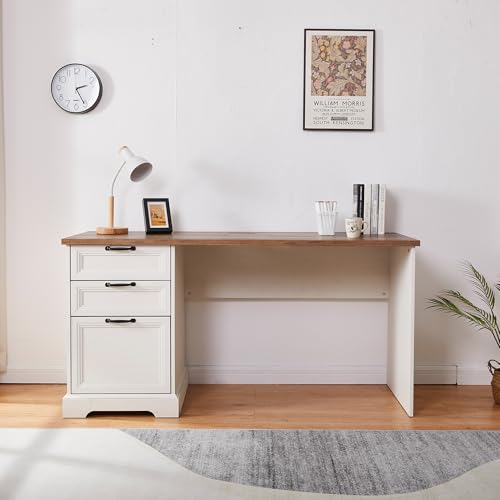 60" Farmhouse Executive Desk with Charging Station,Home Office Desk with 2 Drawers &1 File Cabinet,Wood Work Desk for Office and Home - color: White