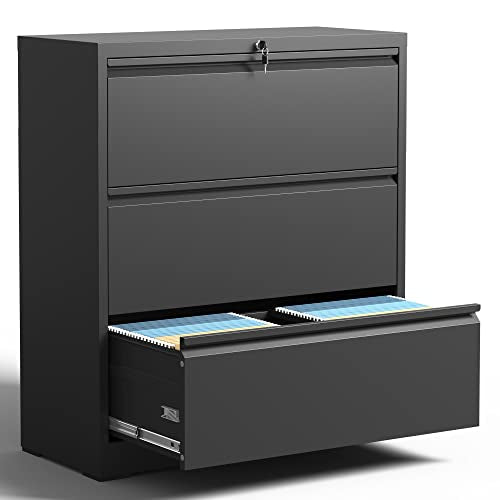 IKIMI Lateral File Cabinets 3 Drawers,Black Metal Filing Cabinet for Office - color: Black, size: 15.7"D x 35.4"W x 40.4"H