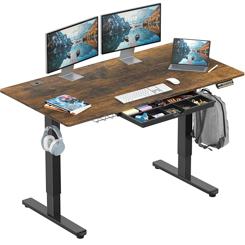 SHW 55 x 28 Electric Height Adjustable Standing Desk w/Drawer,Rustic Brown - color: Rustic Brown, size: 55-Inch