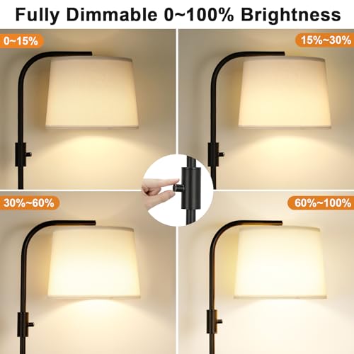 Fully Dimmable Floor Lamp with 9W LED Bulb, Standing Lamp for Living Room with Adjustable Head, Modern Tall Light with Rotary Switch for Office, Black and White - color: C:Black and Linen White
