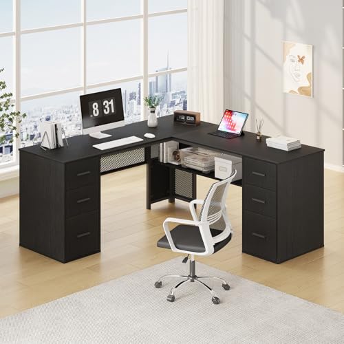 HSH Black L Shaped Desk with Drawers, Corner Desk with Storage, 59 Inch | Large Home Office Corner Computer Desks with Storage File Cabinet, Modern Metal Wood Desks for Executive Writing Workstation - color: Black Oak