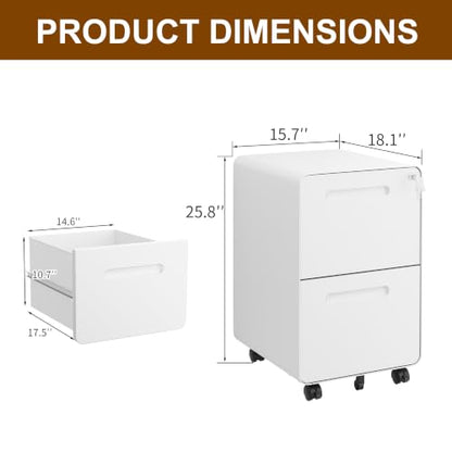 2 Drawer Mobile File Cabinet with Lock, 4 Keys and 25 Letter File Folders | Heavy-Duty Steel Rolling Filing Cabinet Pre-Assembled Under Desk for Home Office Letters/Legal/A4 Hanging File Folders - color: White, size: 25.8"H*15.7"W-2 drawers(25 letter fold