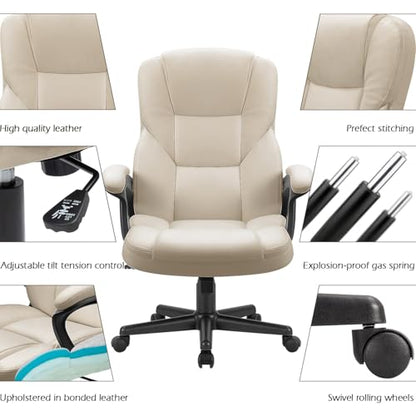 Furmax Office Executive Chair High Back Adjustable Managerial Home Desk Chair, Swivel Computer PU Leather Chair with Lumbar Support (1, Beige) - color: Beige