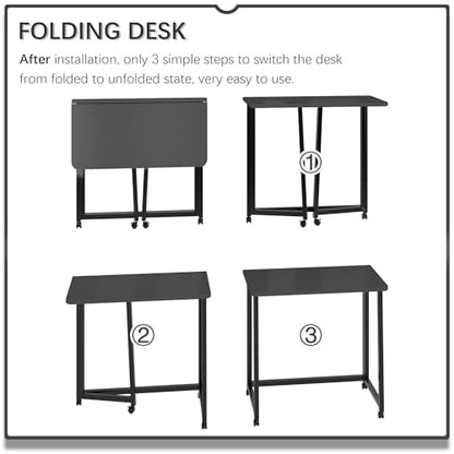 4NM 23.6" Mobile Small Folding Desk, Foldable Rolling Computer Home Office Desk, Study Writing Table for Small Space Saving Bedroom, with Wheels - All Black - color: All Black, size: 23.6"W x 15.7"D