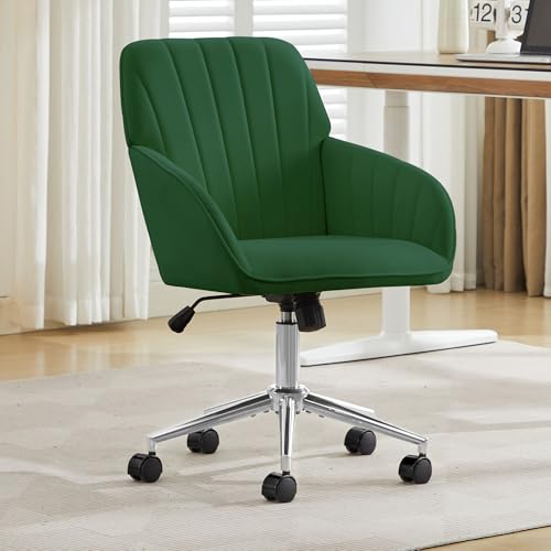 YITAI Velvet Office Desk Chair with Silver Foot Base, with Wheels,Modern Height Adjustable 360 Degree Swivel Upholstered Vanity Chairs with Arms for Living Room Bedroom,Green - color: Silver Green