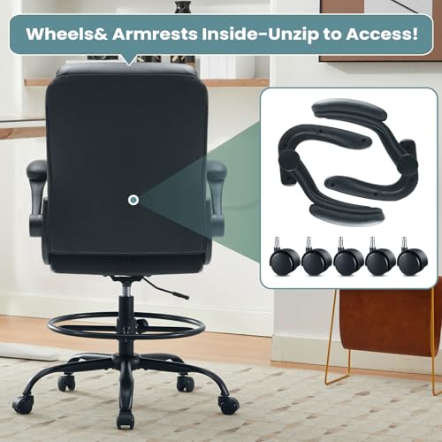 MAHOMICO Drafting Chair for Standing Desk – Tall Office Chair with Adjustable Height & Foot Ring, Flip-Up Arms, Lumbar Support – Comfortable Leather Seat, Ideal Home Desk Chair - color: Leatherblack