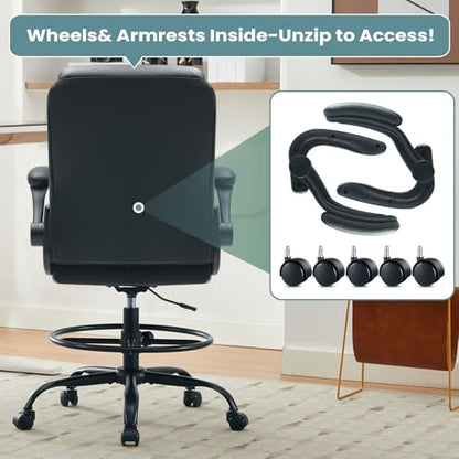 MAHOMICO Drafting Chair for Standing Desk – Tall Office Chair with Adjustable Height & Foot Ring, Flip-Up Arms, Lumbar Support – Comfortable Leather Seat, Ideal Home Desk Chair - color: Leatherblack