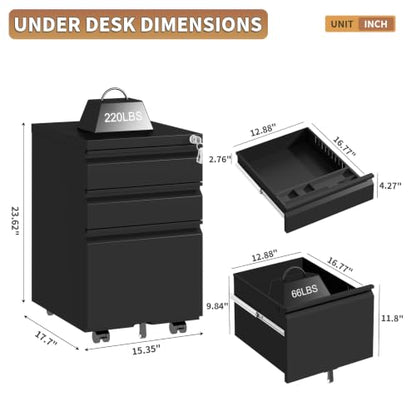 3 Drawer Small Under Desk Rolling File Cabinet with Lock for Home Office | Fully Assembled,Central Locking System,Metal,Pencil Tray,Hanging File Bar,Anti-Tipping Caster - color: Black