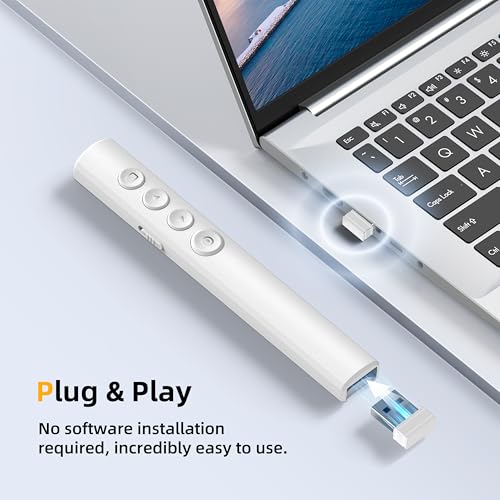 Wireless Presentation Clicker for Powerpoint Slideshow, Office/Classroom PPT Remote Presenter Pointer Slide Advancer with USB Receiver for Computer/MacBook Laptop/PC White Red Light