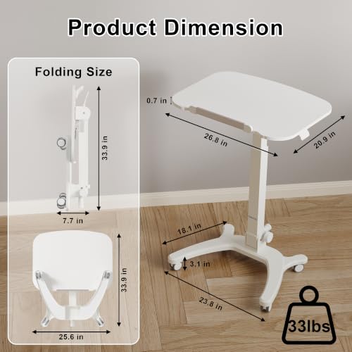 BONTEC Mobile Foldable Standing Desk, Gas Spring, 25.6 x 19.7 Inch, White - color: White