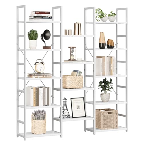 NUMENN Triple Column 5 Tier Bookshelf with 14 Adjustable Shelves, White | Metal Frame & Wood Shelves, Open Freestanding Storage Unit with Supporting Bars for Bedroom, Living Room and Home Office - color: Vintage, size: 6 Tier(Wide)