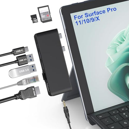 Surface Pro 13/11/10/9 Hub Docking Station with 4K HDMI, Thunerbolt 4(8K Video+40Gbps+100W PD), 100M Ethernet, USB 3.0, 3.5mm Audio, SD/TF Card Slot - USB C Hub Adapter for Surface Pro 11/Pro 10/Pro 9 - color: Black