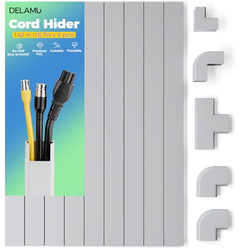 Delamu 142in Grey Cord Hider Cable Hider, Cord Covers for 2-3 Wires on Wall, Premium Wire Hiders Wire Covers for Cords on Wall, Easier Setup TV Cable Cover Management Kit, W0.94 H0.47in, Grey - color: Grey, size: 142in L X 0.94in W X 0.47in H