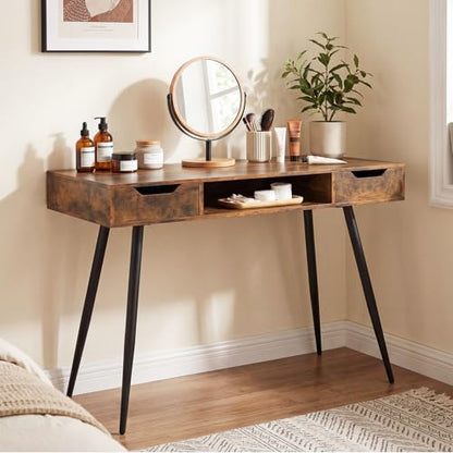 Tangkula Mid Century Modern Computer Desk | Writing Desk with 2 Drawers & Open Center Storage, Small Wooden Study Table for Home Office & Compact Spaces - color: Rustic Brown