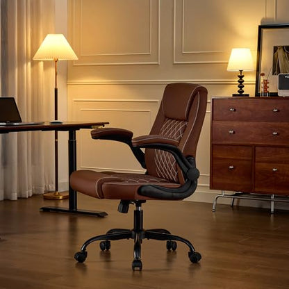 Executive Office Chair with Lumbar Support & Flip-up Arms, Brown | Ergonomic Desk Chair, 90–115° Tilt & Rocking, 20.1" Wide Seat, PU Leather, for Home Offices & Conference Rooms, 300Lbs - color: Brown