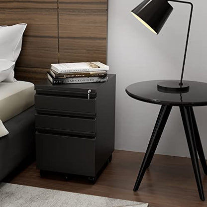 3 Drawer File Cabinet with Wheels, Metal Filing Cabinet with Lock, Office Rolling File Cabinets for A4/Legal/Letter Size, Assembly Required, Black - color: Black, size: 3 Drawer (Wheel)
