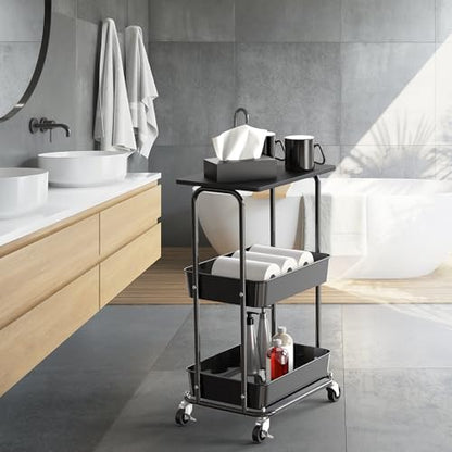 Simple Houseware 2-Tier Rolling Utility Cart Wood Top/Lockable Wheel, Black | Metal Storage Organizer Trolley for Kitchen, Bathroom, Office, Craft Room - color: Black