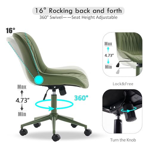 YOUNIKE Faux Leather Office Desk Chair Comfy Vanity Chair Armless Green | Ergonomic Upholstered Rocking Back, Swivel with Wheels, Height Adjustable, Modern Task Chair For Computer Sewing Drafting - color: All Green
