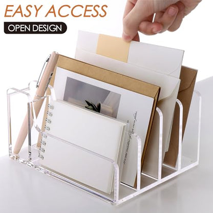 SANRUI Acrylic Mail Organizer with Pen Holder, Clear Mail Sorter, 4-Slot - size: 4 Slots with Pen Holder