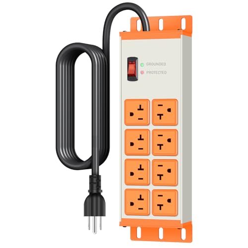 JUNNUJ Heavy Duty Surge Protector, 12 Gauge Extension Cord, Grey, 6 FT | Metal Wall Mount 8 Outlets Power Strip, High Amp Outlet Extender for Garage Industrial Shop, 4800J - color: Grey, size: 6 ft