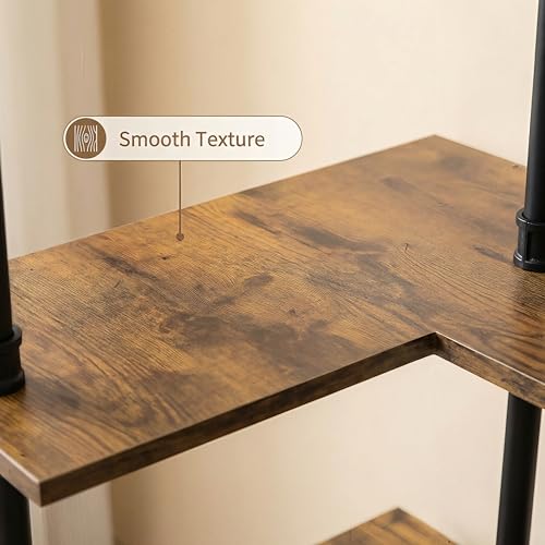 Industrial Pipe Corner Bookshelf, Wall Ladder Shelves/Shelving/Bookcase | 4 Tiers Wood Floating Shelf, Heavy Duty L Shaped Metal Pantry Shelving Rack for Living Room, Bedroom, Home, Office, Kitchen