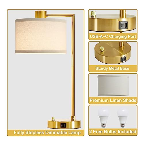 Gold Table Lamp Set of 2, Dimmable Bedside Lamps for Night Stands, USB A+C | Nightstand Lamp with Linen Lampshade, 2 LED Bulbs Included,Desk Lamp for Bedroom, Living Room, End Table, Reading, Office - color: Gold