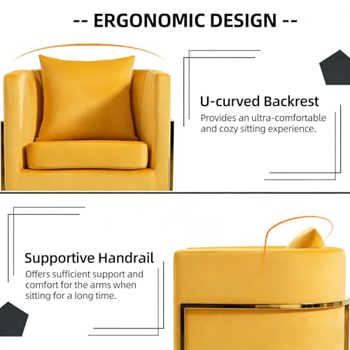 Velvet Accent Chair, Modern Barrel Arm Chair for Living Room/Bedroom/Guest Reception, Upholstered Club Armchair with Pillow & Gold Base, Yellow - color: Yellow, size: 1 PC