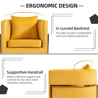 Velvet Accent Chair, Modern Barrel Arm Chair for Living Room/Bedroom/Guest Reception, Upholstered Club Armchair with Pillow & Gold Base, Yellow - color: Yellow, size: 1 PC