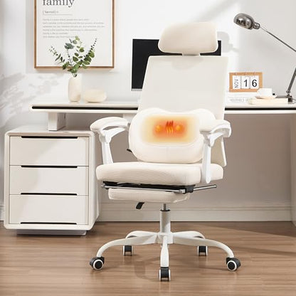Qulomvs Ergonomic Office Chair with Massage&Heated Lumbar Support, Kneading Massage Office Chair with Foot Rest, Reclining Home Office Desk Chair Adjustable Mesh Computer Desk Chair with Wheels - color: Beige With Massager