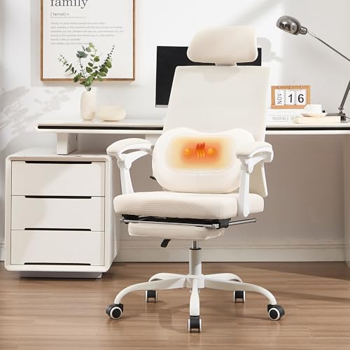 Qulomvs Ergonomic Office Chair with Massage&Heated Lumbar Support, Kneading Massage Office Chair with Foot Rest, Reclining Home Office Desk Chair Adjustable Mesh Computer Desk Chair with Wheels - color: Beige With Massager