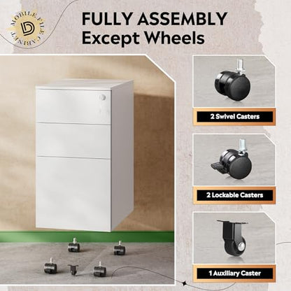 DEVAISE 3 Drawer Slim File Cabinet with Lock, Fully Assembled | Under Desk Metal Filing Cabinet with Wheels for Home Office, Fits Legal/Letter/A4 File, - White - color: White, size: Narrow 17"D x 12"W x 24"H